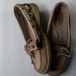 Sperry leopard print leather topsiders tan brown